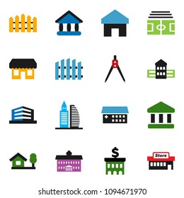 solid vector ixon set - university vector, school building, drawing compass, bank, stadium, hospital, home, chalet, fence, office, store, mall