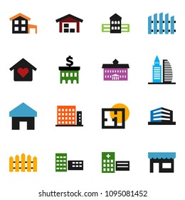 solid vector ixon set - university vector, school building, bank, hospital, home, cottage, barn, fence, plan, apartments, office, love, store