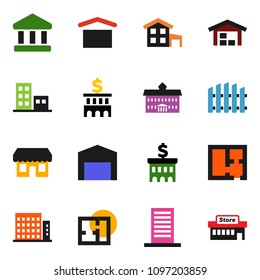 solid vector ixon set - university vector, bank, building, dry cargo, cottage, barn, fence, plan, apartments, store, mall