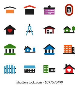 solid vector ixon set - university vector, school building, drawing compass, bank, stadium, dry cargo, hospital, chalet, barn, fence, apartments, love home