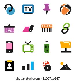 solid vector ixon set - university vector, personal information, fitness mat, sorting, music hit, tv, remote control, mobile phone, link, thumbtack, connection, network folder, hub, undo, mountain