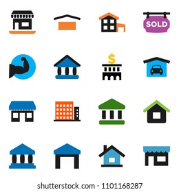 solid vector ixon set - university vector, bank, building, muscule hand, office, dry cargo, warehouse, house, cottage, garage, sold signboard, apartments, store