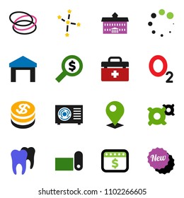 solid vector ixon set - university vector, constellation, money search, dollar calendar, any currency, fitness mat, hoop, oxygen, warehouse, doctor bag, tooth, loading, pin, ari condition, coin, new