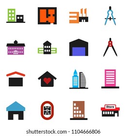 solid vector ixon set - university vector, school building, drawing compass, stadium, dry cargo, home, barn, plan, apartments, office, love, mall