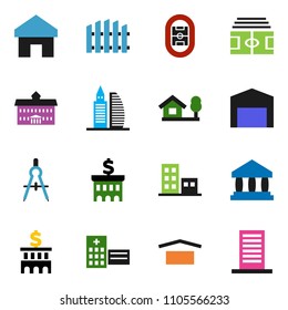 solid vector ixon set - university vector, drawing compass, bank, building, stadium, dry cargo, hospital, home, chalet, barn, fence, apartments, office