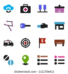 solid vector ixon set - university vector, dollar flag, target, first aid kit, pills, amkbulance car, network, server, cloud exchange, menu, lan connector, bench, key, pin, store