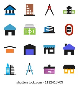 solid vector ixon set - university vector, school building, drawing compass, stadium, dry cargo, home, barn, office, store