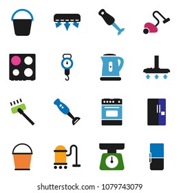 solid vector ixon set - vacuum cleaner vector, bucket, kettle, scales, oven, blender, air conditioner, fridge