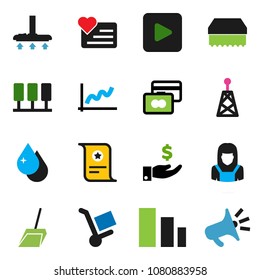 solid vector ixon set - vacuum cleaner vector, scoop, sponge, water drop, woman, certificate, graph, credit card, investment, heart monitor, sorting, antenna, play button, server, trolley
