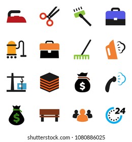 solid vector ixon set - vacuum cleaner vector, rake, iron, steaming, case, money bag, group, scissors, big data, bench, construction crane, 24 hour