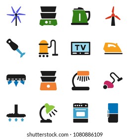 solid vector ixon set - vacuum cleaner vector, iron, kettle, oven, double boiler, blender, table lamp, tv, windmill, air conditioner, fridge