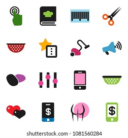 solid vector ixon set - vacuum cleaner vector, colander, cookbook, potato, buttocks, loudspeaker, settings, mobile phone, touchscreen, heart, scissors, favorites, barcode, tap pay