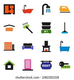 solid vector ixon set - vacuum cleaner vector, mop, iron, bath, double boiler, dry cargo, house, plan, rent signboard, apartments, cushioned furniture, fireplace, building, password