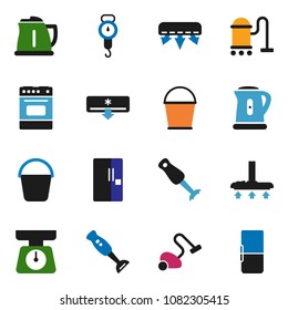 solid vector ixon set - vacuum cleaner vector, bucket, kettle, scales, oven, blender, air conditioner, fridge