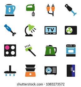 solid vector ixon set - vacuum cleaner vector, kettle, mixer, oven, double boiler, blender, table lamp, tv, rca, ari condition, fridge