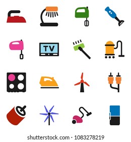 solid vector ixon set - vacuum cleaner vector, iron, mixer, oven, blender, table lamp, tv, rca, windmill, fridge