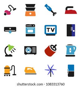 solid vector ixon set - vacuum cleaner vector, iron, kettle, oven, double boiler, blender, table lamp, tv, rca, windmill, air conditioner, ari condition, fridge