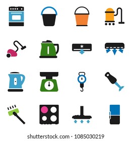 solid vector ixon set - vacuum cleaner vector, bucket, kettle, scales, oven, blender, air conditioner, fridge