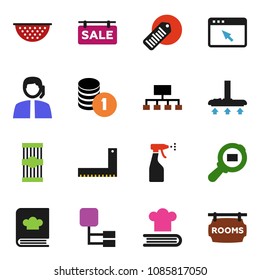 solid vector ixon set - vacuum cleaner vector, sprayer, colander, cookbook, pasta, corner ruler, coin stack, hierarchy, support, cargo search, barcode, browser, sale signboard, rooms
