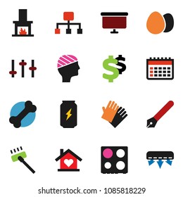 solid vector ixon set - vacuum cleaner vector, rubber glove, oven, egg, pen, presentation board, dollar sign, enegry drink, calendar, bone, settings, head bandage, hierarchy, love home, fireplace