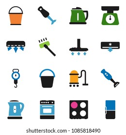 solid vector ixon set - vacuum cleaner vector, bucket, kettle, scales, oven, blender, air conditioner, fridge