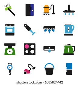 solid vector ixon set - vacuum cleaner vector, bucket, kettle, scales, oven, blender, air conditioner, fridge