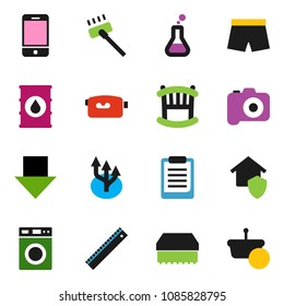 solid vector ixon set - vacuum cleaner vector, sponge, washer, ruler, clipboard, arrow down, shorts, oil barrel, camera, video, mobile phone, flask, route, crib, home protect, basket