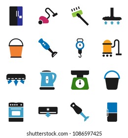 solid vector ixon set - vacuum cleaner vector, bucket, kettle, scales, oven, blender, air conditioner, fridge