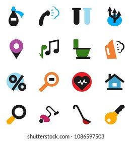solid vector ixon set - vacuum cleaner vector, steaming, toilet, ladle, music, heart pulse, cargo search, vial, potion, route arrow, pin, magnifier, house, percent, password