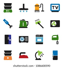 solid vector ixon set - vacuum cleaner vector, iron, kettle, mixer, oven, double boiler, blender, table lamp, tv, ari condition, fridge