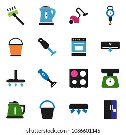 solid vector ixon set - vacuum cleaner vector, bucket, kettle, scales, oven, blender, air conditioner, fridge