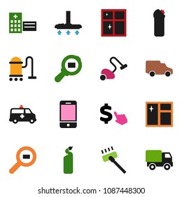 solid vector ixon set - vacuum cleaner vector, window cleaning, agent, shining, dollar cursor, car, cargo search, mobile phone, hospital building, amkbulance, delivery