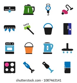 solid vector ixon set - vacuum cleaner vector, bucket, kettle, scales, oven, blender, air conditioner, fridge