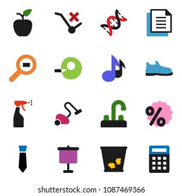 solid vector ixon set - vacuum cleaner vector, trash bin, sprayer, water tap, apple fruit, presentation, music, tie, snickers, document, no trolley, cargo search, dna, insemination, percent