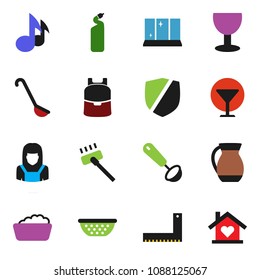 solid vector ixon set - vacuum cleaner vector, foam basin, cleaning agent, shining window, woman, colander, ladle, jug, corner ruler, backpack, music, glass, protected, love home