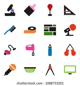 solid vector ixon set - vacuum cleaner vector, fetlock, colander, cutting board, mixer, corner ruler, drawing compass, microscope, measuring, punching bag, boxing glove, consolidated cargo, monitor