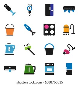solid vector ixon set - vacuum cleaner vector, bucket, kettle, scales, oven, blender, air conditioner, fridge