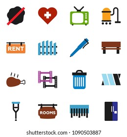 solid vector ixon set - vacuum cleaner vector, trash bin, splotch, chicken leg, pen, heart cross, barcode, film frame, tv, crutches, bandage, bench, fence, rent signboard, rooms, fridge
