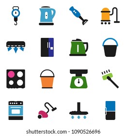 solid vector ixon set - vacuum cleaner vector, bucket, kettle, scales, oven, blender, air conditioner, fridge