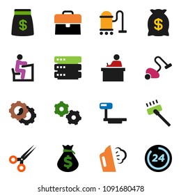 solid vector ixon set - vacuum cleaner vector, steaming, student, money bag, case, big scales, scissors, data, gear, 24 hour