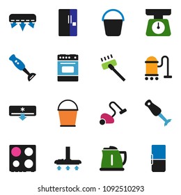 solid vector ixon set - vacuum cleaner vector, bucket, kettle, scales, oven, blender, air conditioner, fridge