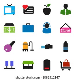 solid vector ixon set - vacuum cleaner vector, case, apple fruit, stadium, water bottle, heart monitor, client, battery, server, lan connector, key, tv, closed, market, support, trolley