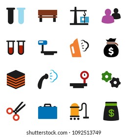 solid vector ixon set - vacuum cleaner vector, steaming, case, money bag, big scales, group, vial, scissors, data, gear, bench, construction crane