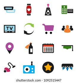 solid vector ixon set - vacuum cleaner vector, graduate hat, cart, heart monitor, calendar, radio, antenna, tv, group, favorites, hdmi, hospital building, potion, refresh, pin, air conditioner
