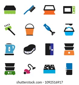 solid vector ixon set - vacuum cleaner vector, fetlock, bucket, sponge, washing powder, kettle, microwave oven, double boiler, blender, fridge