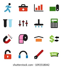 solid vector ixon set - vacuum cleaner vector, toilet paper, pen, calculator, magnet, exchange, graph, fitness mat, run, dry cargo, settings, headphones, doctor bag, vial, unlock, sale
