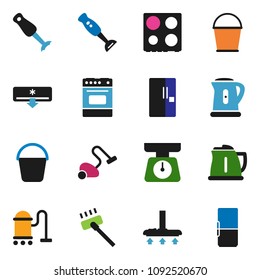 solid vector ixon set - vacuum cleaner vector, bucket, kettle, scales, oven, blender, air conditioner, fridge