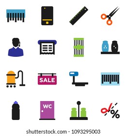solid vector ixon set - vacuum cleaner vector, water closet, spices, pasta, ruler, bottle, big scales, barcode, mobile phone, scissors, sale signboard, support, receipt, coupon