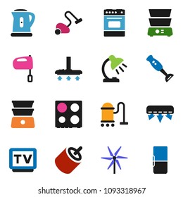 solid vector ixon set - vacuum cleaner vector, kettle, mixer, oven, double boiler, blender, table lamp, tv, rca, windmill, air conditioner, fridge