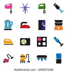solid vector ixon set - vacuum cleaner vector, iron, kettle, mixer, oven, double boiler, blender, windmill, air conditioner, ari condition, fridge